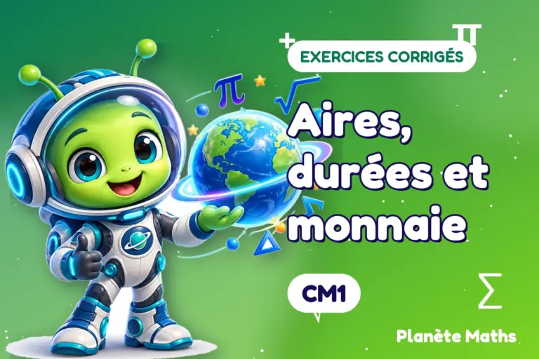 Exercices corrigés de maths en CM1 : Aires, durées et monnaie — Zyro, l’explorateur de Planète Maths