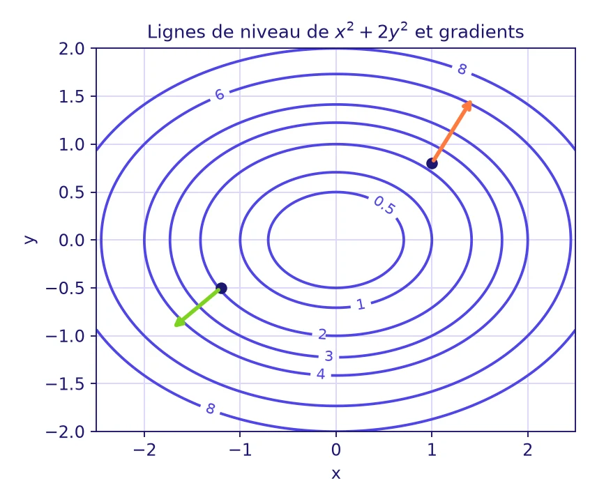 Calcul différentiel Licence L3 : lignes de niveau elliptiques de la fonction x² + 2y² avec les vecteurs gradient en deux points, perpendiculaires aux lignes de niveau