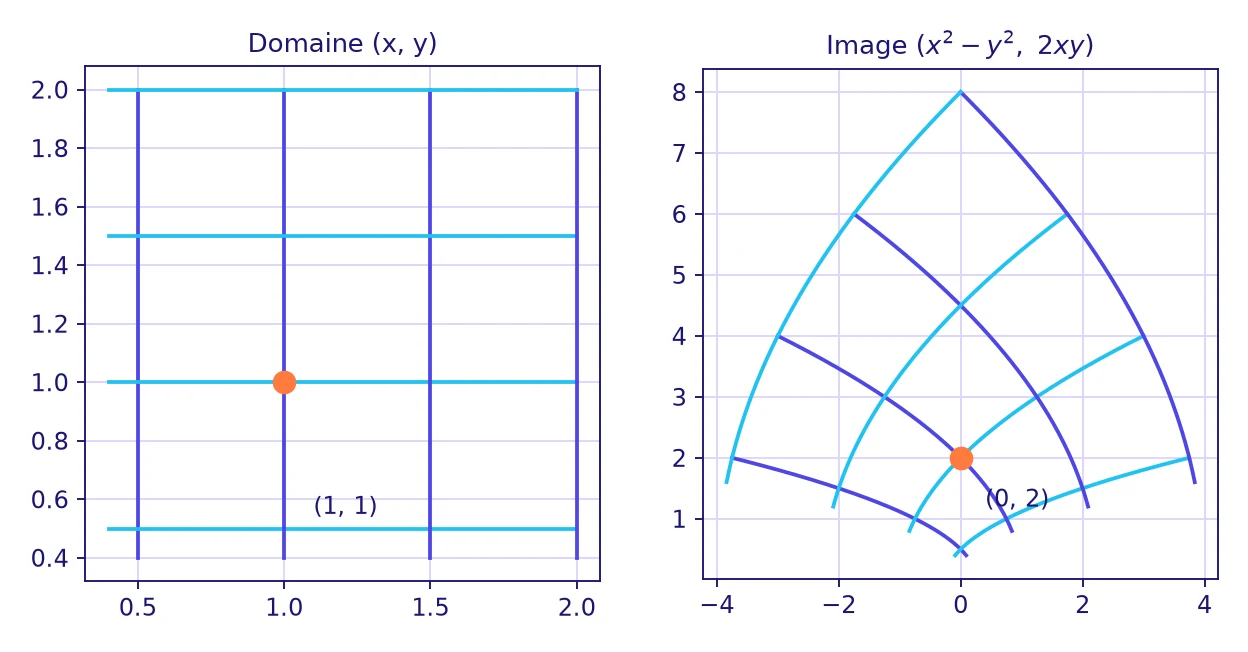 Calcul différentiel Licence L3 : un quadrillage du plan transformé par l’application (x, y) vers (x² − y², 2xy), avec le point (1,1) envoyé sur (0,2)