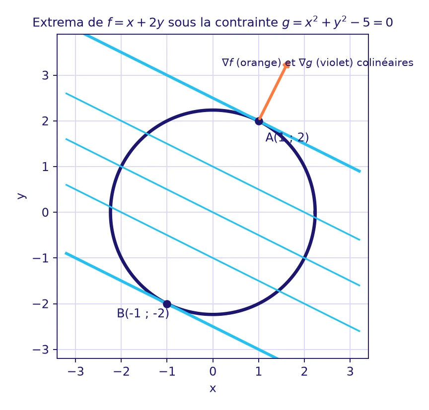 Calcul différentiel Maths Spé : cercle de rayon racine de 5, droites de niveau de x+2y et gradients colinéaires aux points A et B où les extrema sous contrainte sont atteints