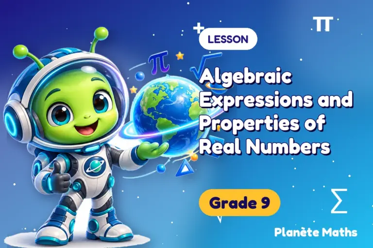 Math lessons Grade 9 : Algebraic Expressions and Properties of Real Numbers — Zyro the alien explorer of Planète Maths