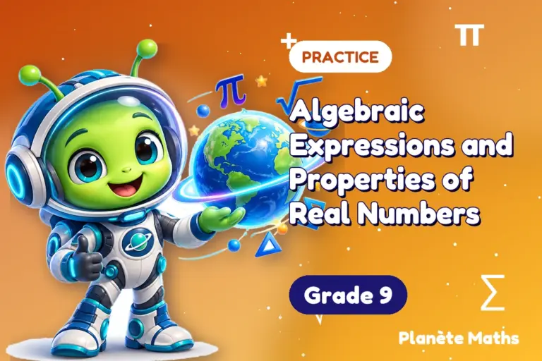 Math practice Grade 9 : Algebraic Expressions and Properties of Real Numbers — Zyro the alien explorer of Planète Maths