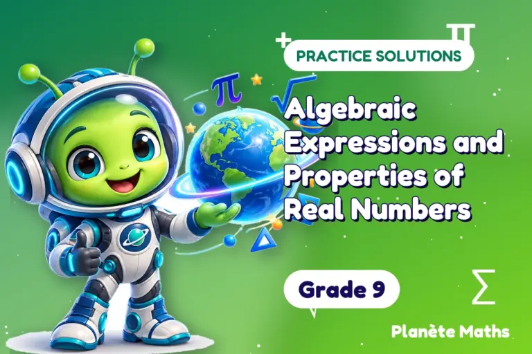 Practice solutions Grade 9 : Algebraic Expressions and Properties of Real Numbers — Zyro the alien explorer of Planète Maths