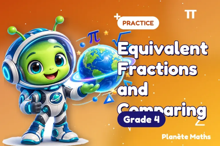 Math practice Grade 4 : Equivalent Fractions and Comparing — Zyro the alien explorer of Planète Maths