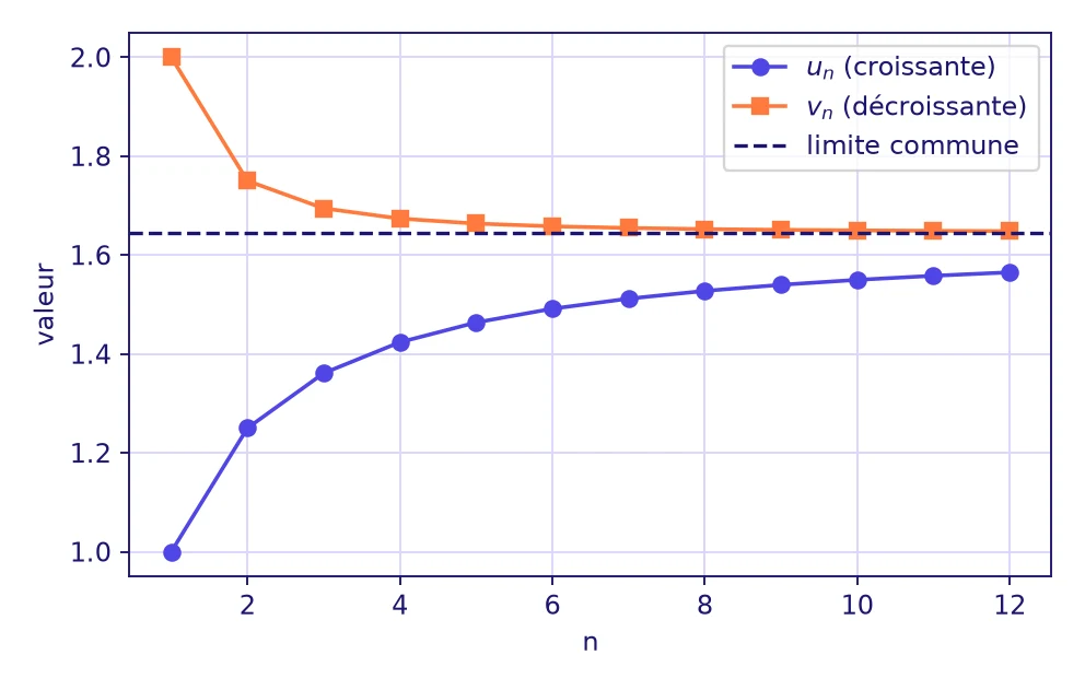 Nombres réels et suites : graphique de deux suites adjacentes, la suite u_n croissante en violet et v_n décroissante en orange, qui encadrent leur limite commune
