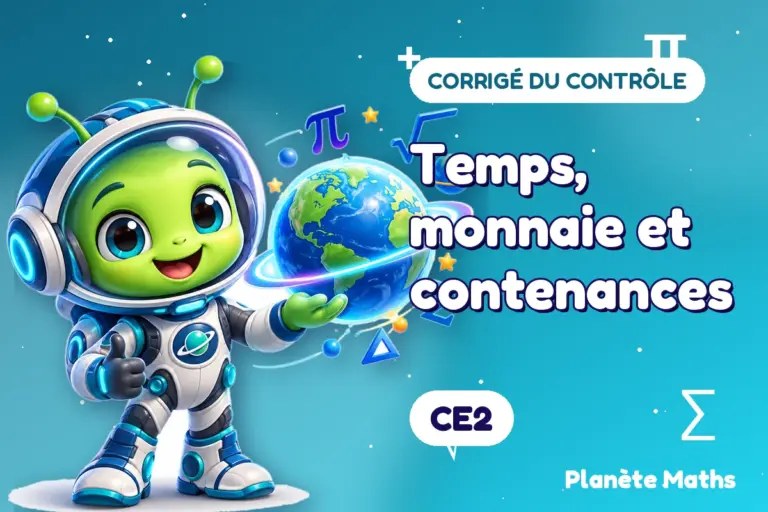 Corrigés de contrôles de maths en CE2 : Temps, monnaie et contenances — Zyro, l’explorateur de Planète Maths