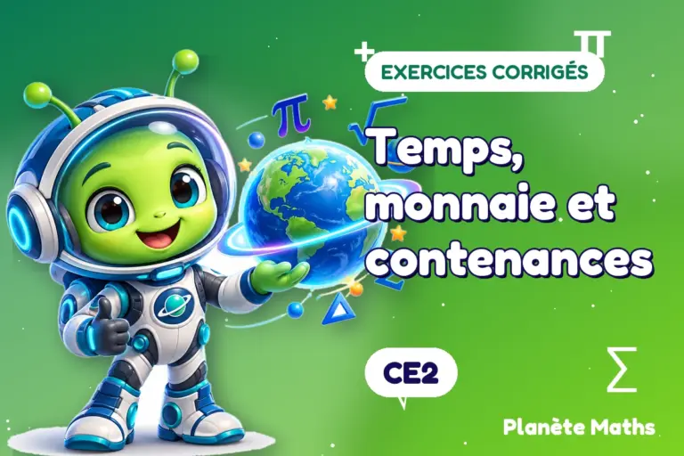 Exercices corrigés de maths en CE2 : Temps, monnaie et contenances — Zyro, l’explorateur de Planète Maths